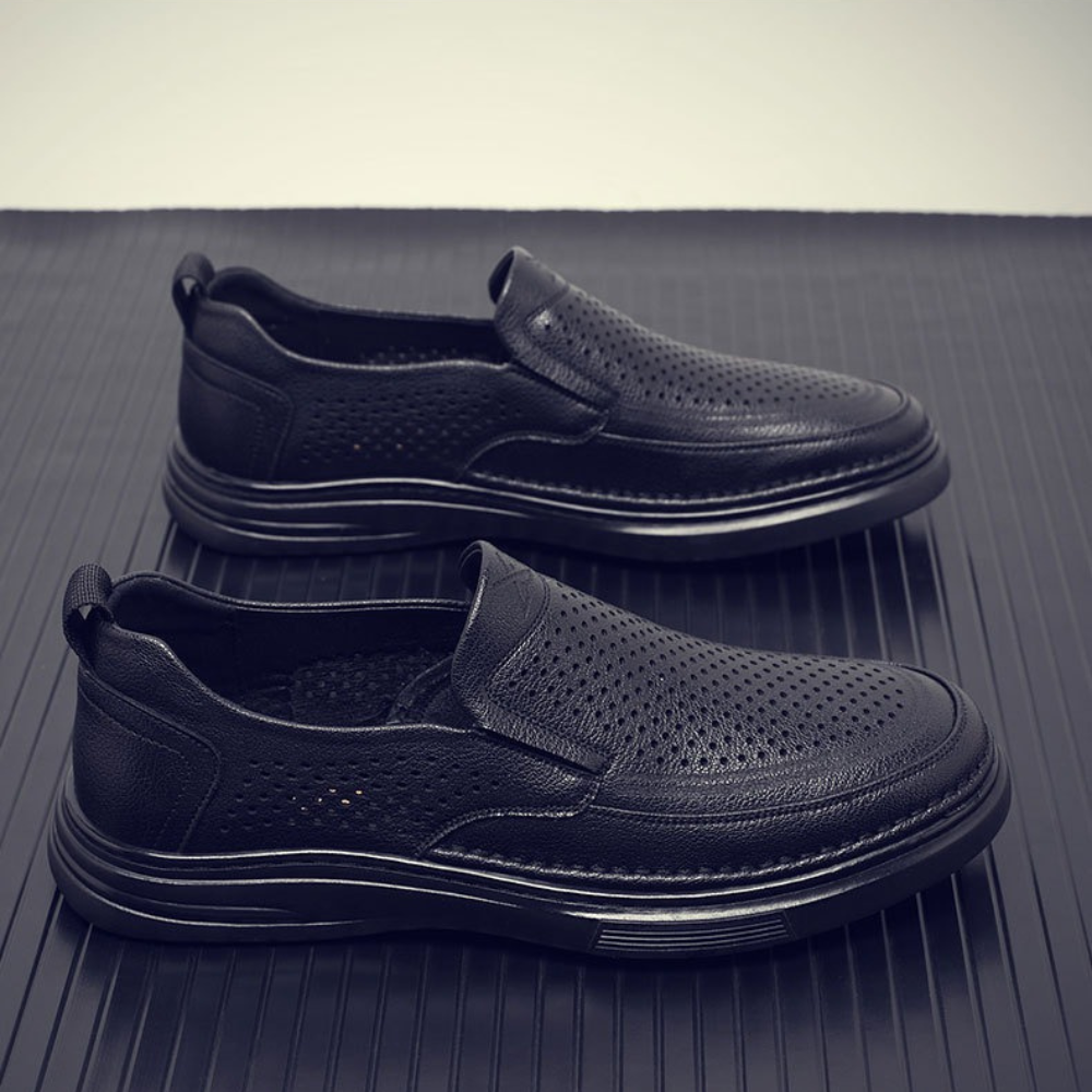 Breathable hollow black versatile leather shoes