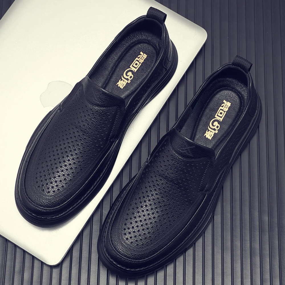 Breathable hollow black versatile leather shoes