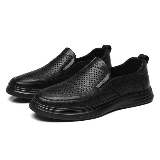 Breathable hollow black versatile leather shoes