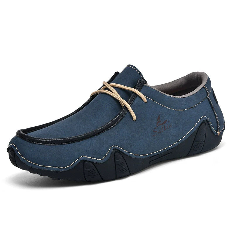 Men's Casual Suede Loafers with Contrast Stitching and Textured Sole