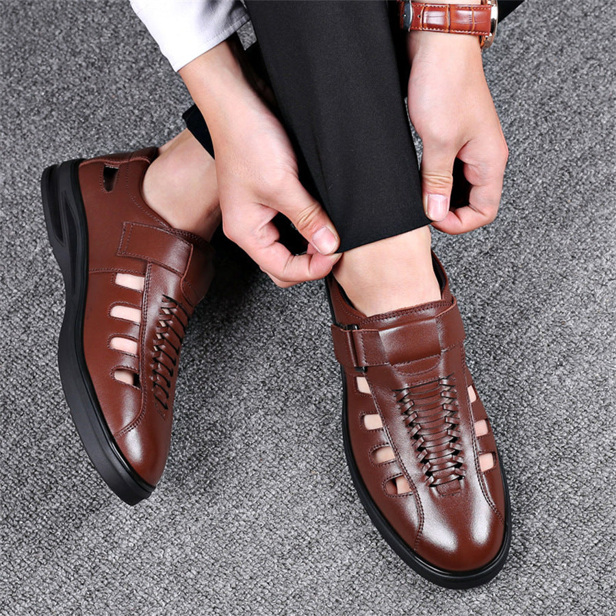 Men's Leather Sandals with Woven Detailing and Adjustable Buckle Strap