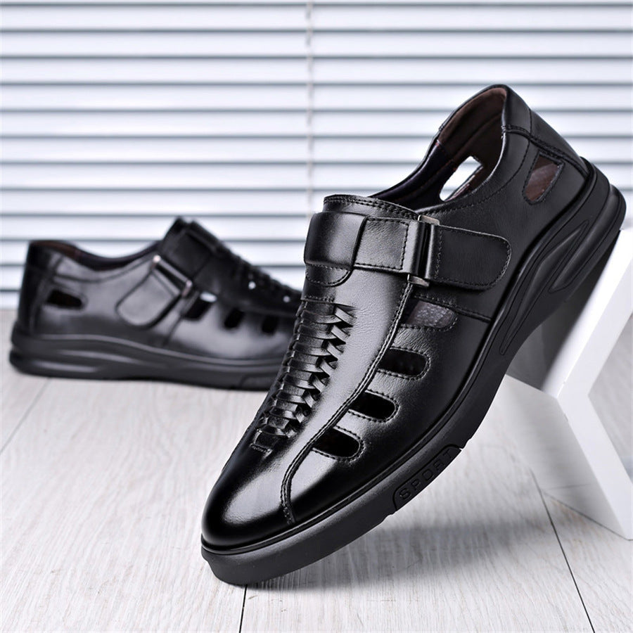 Men's Leather Sandals with Woven Detailing and Adjustable Buckle Strap