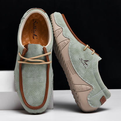 Men's Casual Suede Loafers with Contrast Stitching and Textured Sole