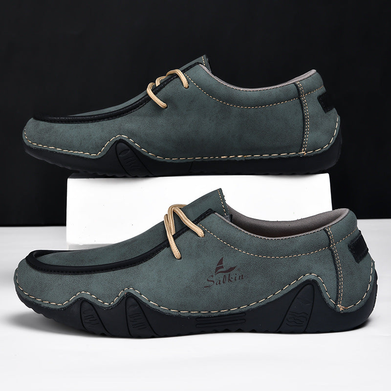 Men's Casual Suede Loafers with Contrast Stitching and Textured Sole