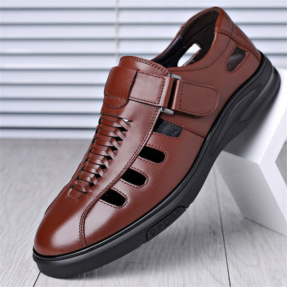 Men's Leather Sandals with Woven Detailing and Adjustable Buckle Strap
