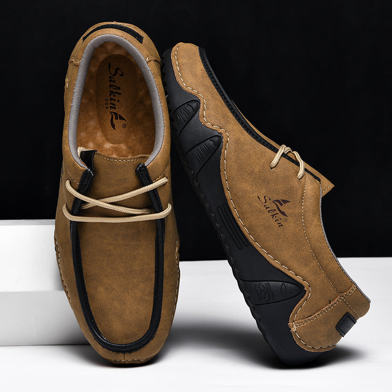 Men's Casual Suede Loafers with Contrast Stitching and Textured Sole