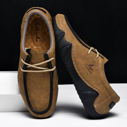 Men's Casual Suede Loafers with Contrast Stitching and Textured Sole