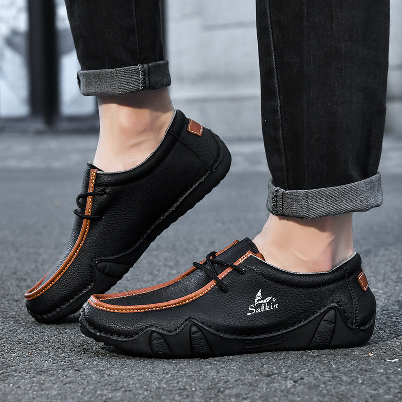 Men's Casual Suede Loafers with Contrast Stitching and Textured Sole