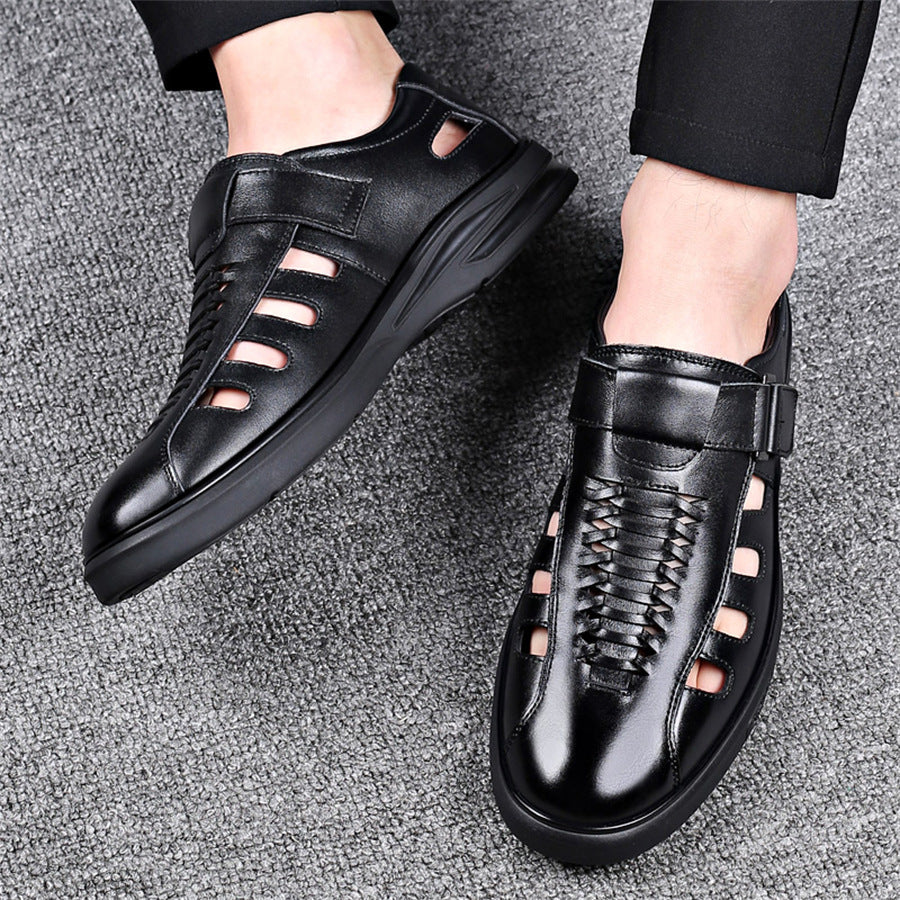 Men's Leather Sandals with Woven Detailing and Adjustable Buckle Strap