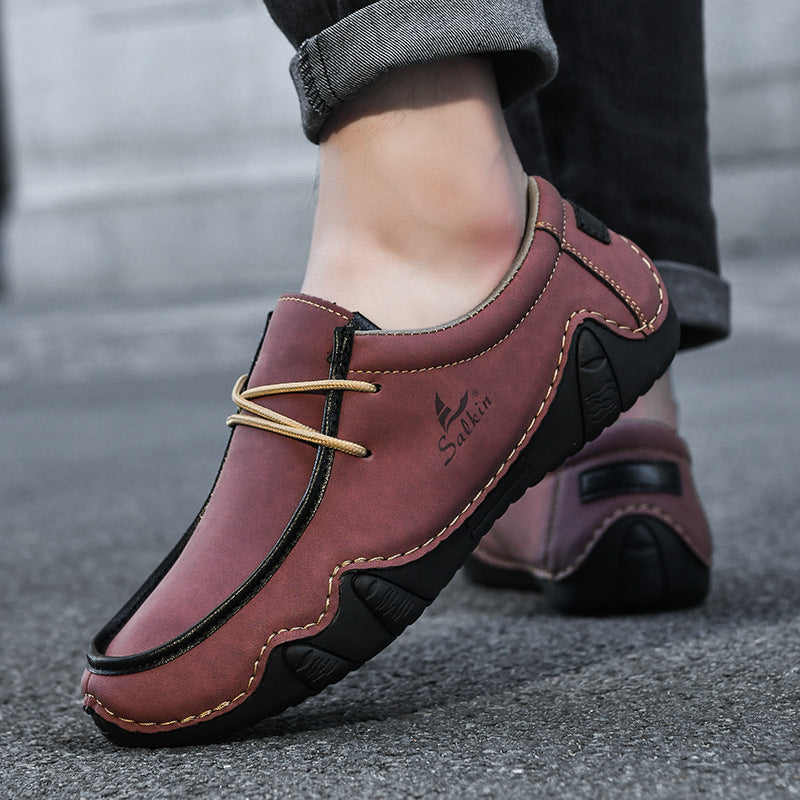 Men's Casual Suede Loafers with Contrast Stitching and Textured Sole