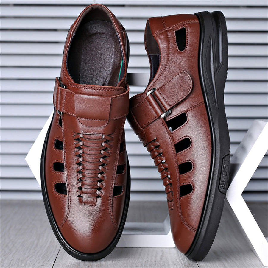 Men's Leather Sandals with Woven Detailing and Adjustable Buckle Strap