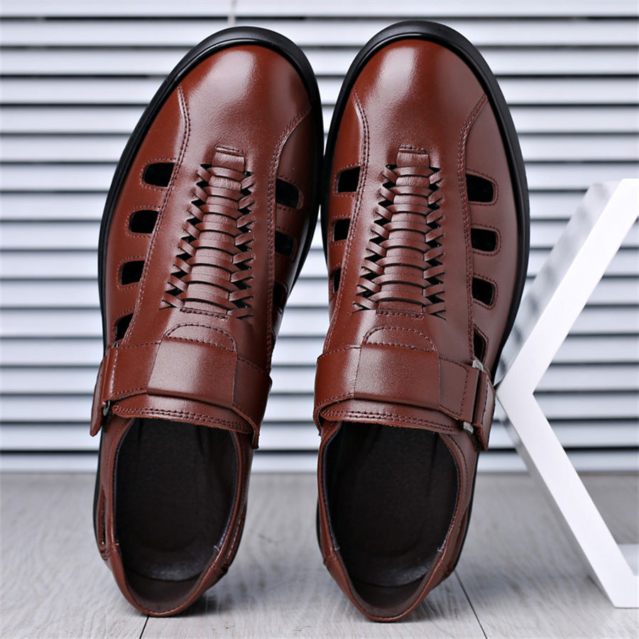 Men's Leather Sandals with Woven Detailing and Adjustable Buckle Strap
