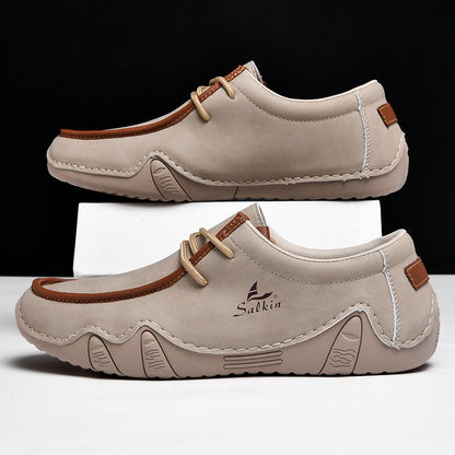 Men's Casual Suede Loafers with Contrast Stitching and Textured Sole