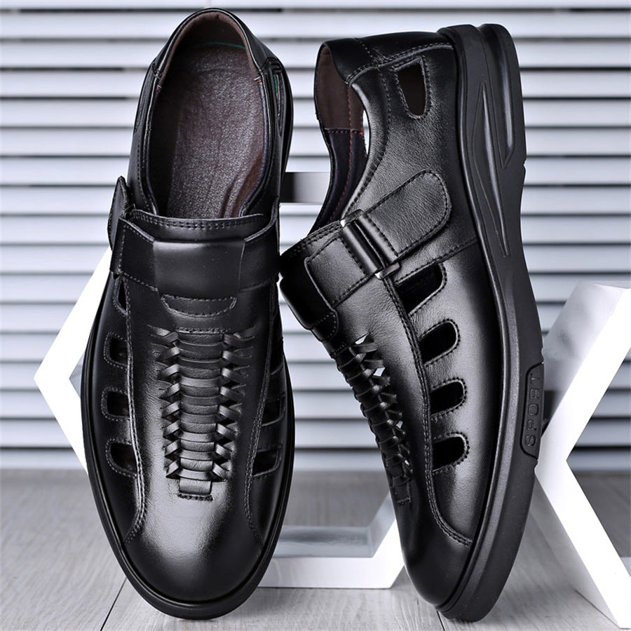 Men's Leather Sandals with Woven Detailing and Adjustable Buckle Strap