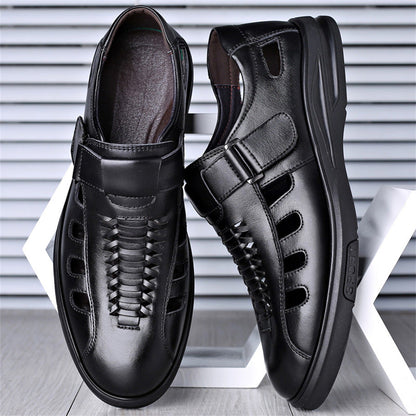 Men's Leather Sandals with Woven Detailing and Adjustable Buckle Strap