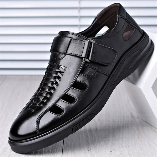 Men's Leather Sandals with Woven Detailing and Adjustable Buckle Strap