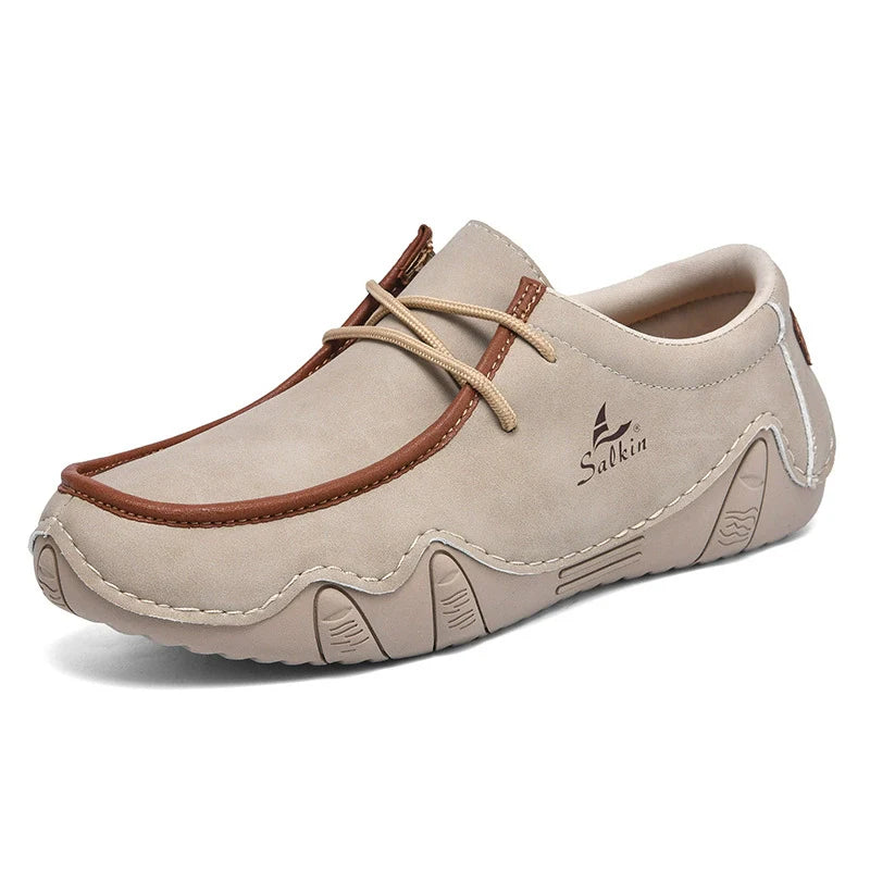 Men's Casual Suede Loafers with Contrast Stitching and Textured Sole