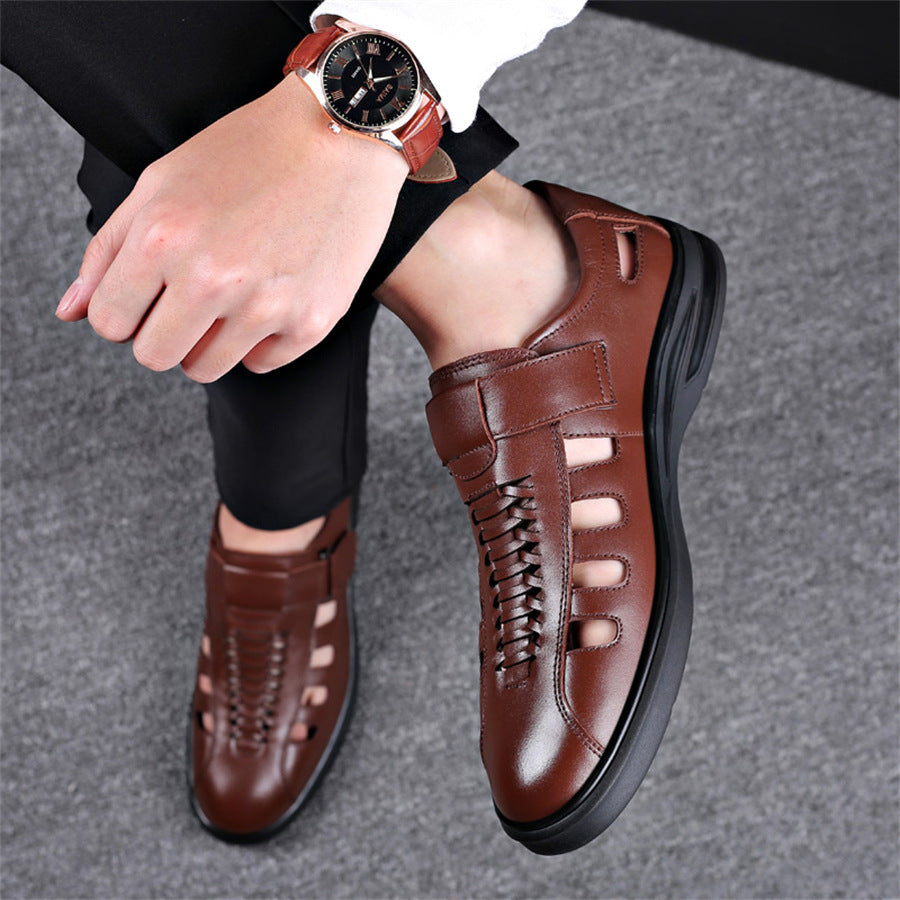 Men's Leather Sandals with Woven Detailing and Adjustable Buckle Strap