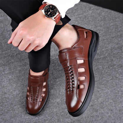 Men's Leather Sandals with Woven Detailing and Adjustable Buckle Strap