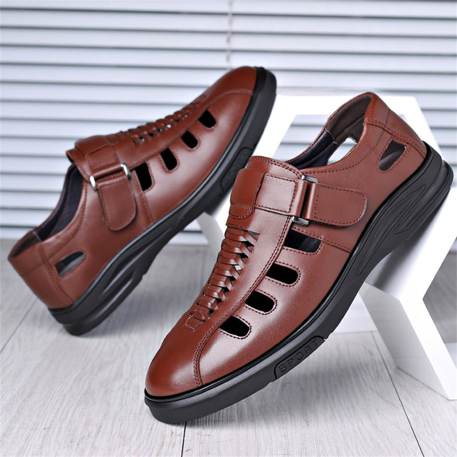 Men's Leather Sandals with Woven Detailing and Adjustable Buckle Strap