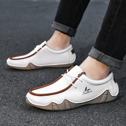 Men's Casual Suede Loafers with Contrast Stitching and Textured Sole