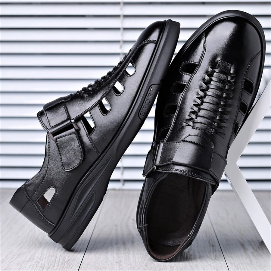 Men's Leather Sandals with Woven Detailing and Adjustable Buckle Strap