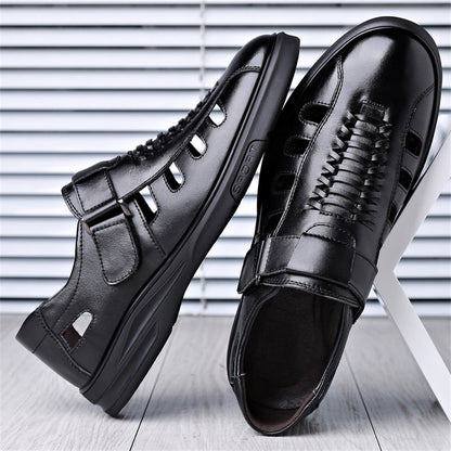 Men's Leather Sandals with Woven Detailing and Adjustable Buckle Strap