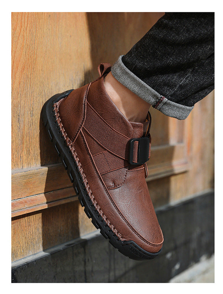 Men's leather high top slip-on shoes