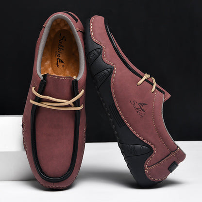Men's Casual Suede Loafers with Contrast Stitching and Textured Sole