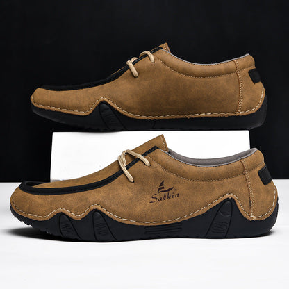 Men's Casual Suede Loafers with Contrast Stitching and Textured Sole