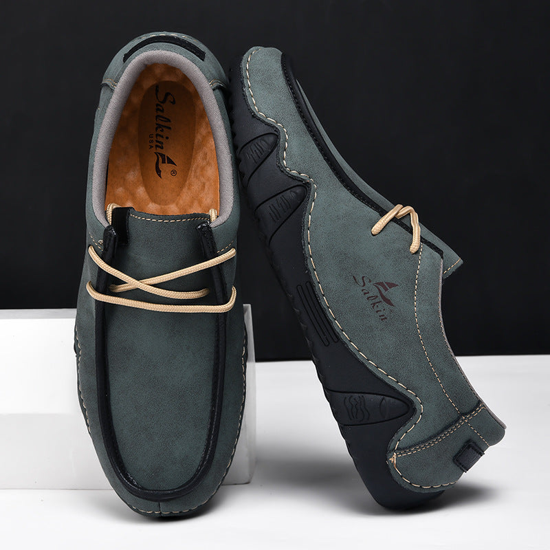Men's Casual Suede Loafers with Contrast Stitching and Textured Sole