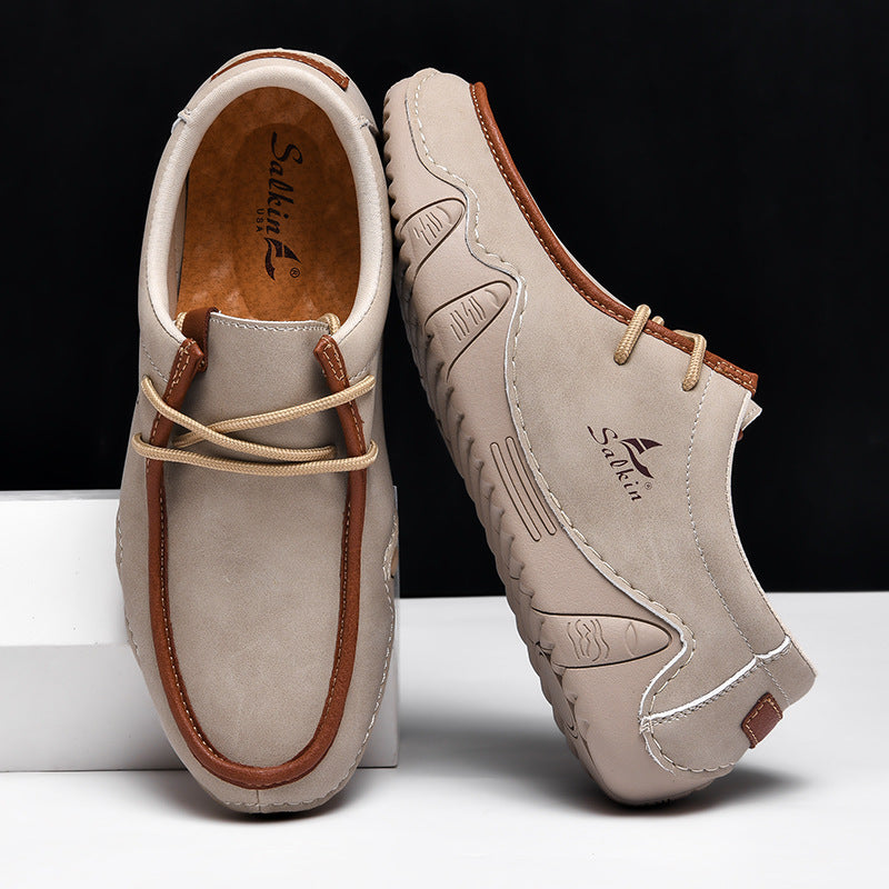 Men's Casual Suede Loafers with Contrast Stitching and Textured Sole