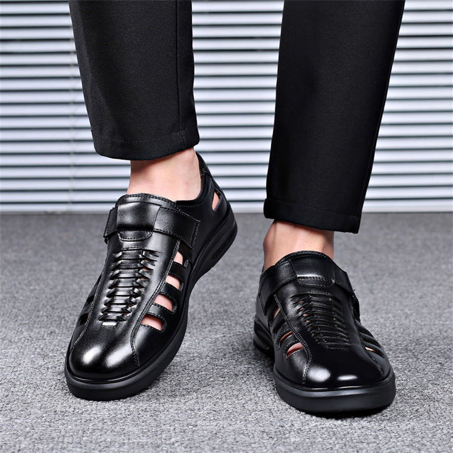 Men's Leather Sandals with Woven Detailing and Adjustable Buckle Strap