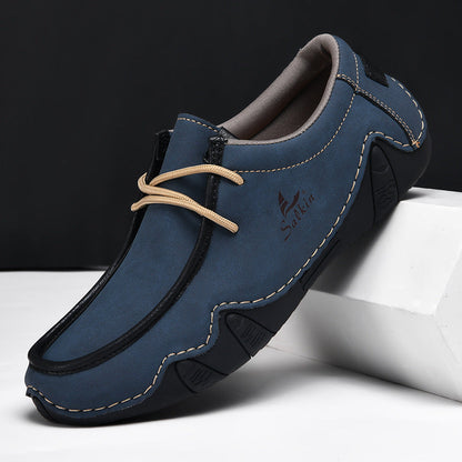 Men's Casual Suede Loafers with Contrast Stitching and Textured Sole