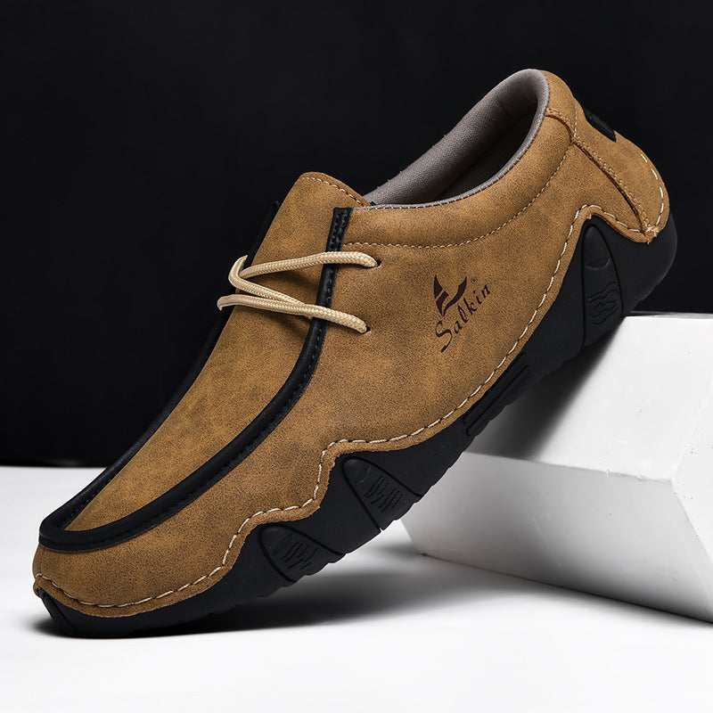 Men's Casual Suede Loafers with Contrast Stitching and Textured Sole