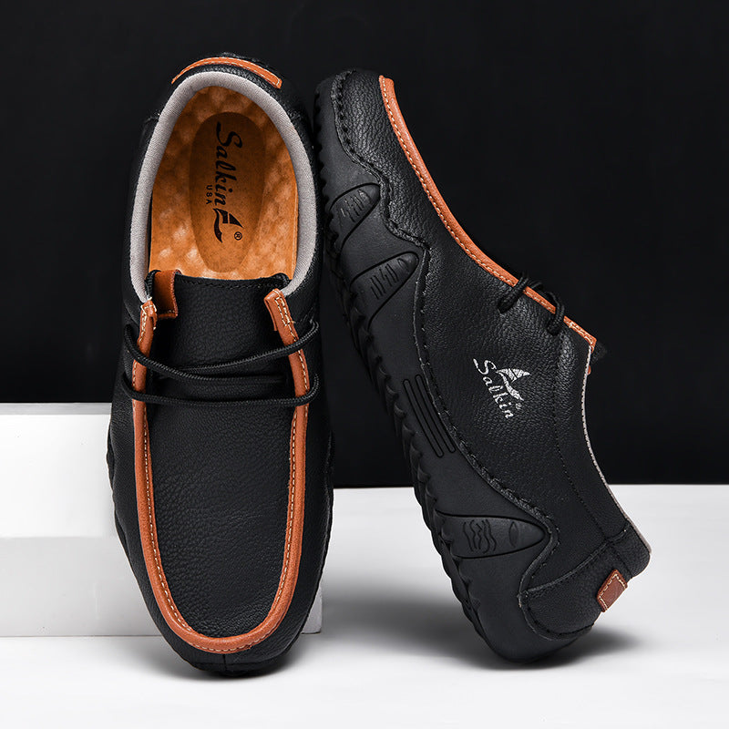 Men's Casual Suede Loafers with Contrast Stitching and Textured Sole