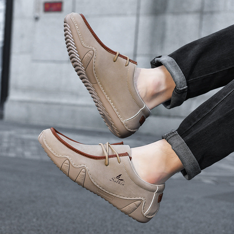Men's Casual Suede Loafers with Contrast Stitching and Textured Sole