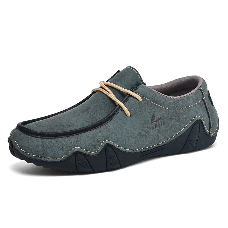 Men's Casual Suede Loafers with Contrast Stitching and Textured Sole