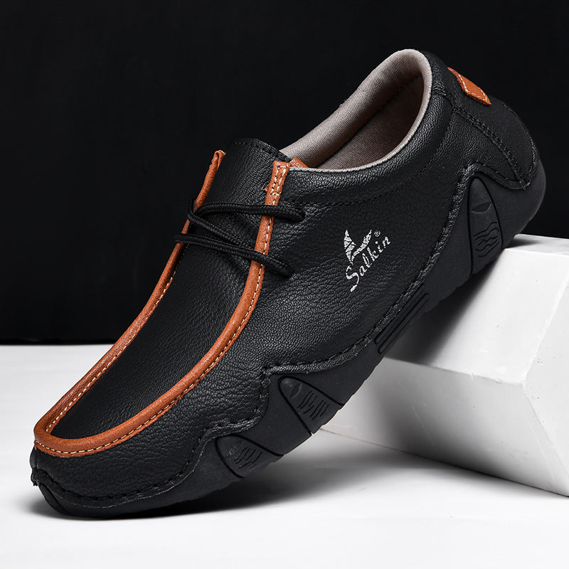 Men's Casual Suede Loafers with Contrast Stitching and Textured Sole