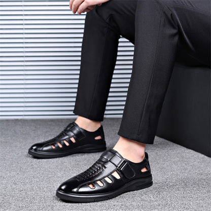 Men's Leather Sandals with Woven Detailing and Adjustable Buckle Strap
