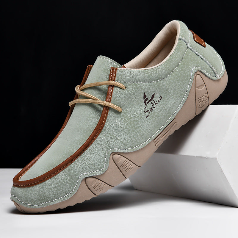 Men's Casual Suede Loafers with Contrast Stitching and Textured Sole