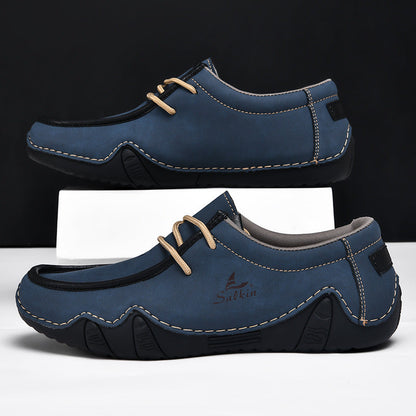 Men's Casual Suede Loafers with Contrast Stitching and Textured Sole