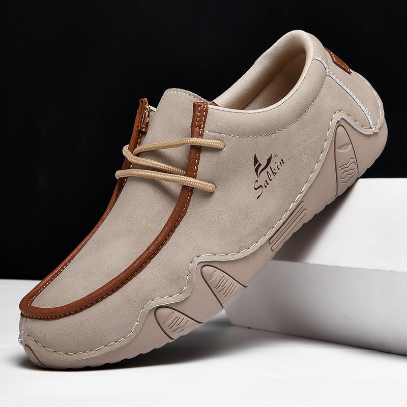 Men's Casual Suede Loafers with Contrast Stitching and Textured Sole