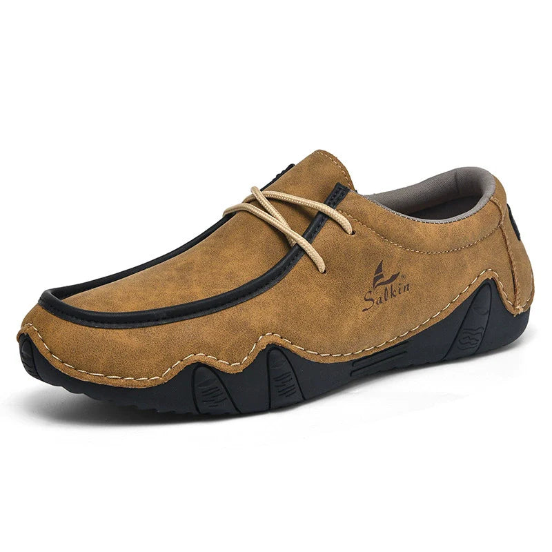 Men's Casual Suede Loafers with Contrast Stitching and Textured Sole