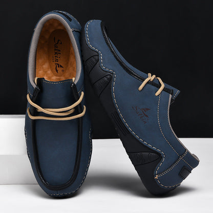 Men's Casual Suede Loafers with Contrast Stitching and Textured Sole