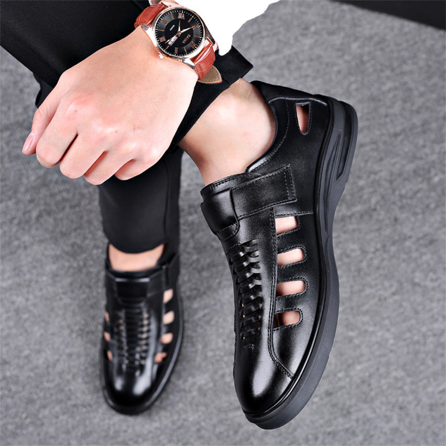 Men's Leather Sandals with Woven Detailing and Adjustable Buckle Strap
