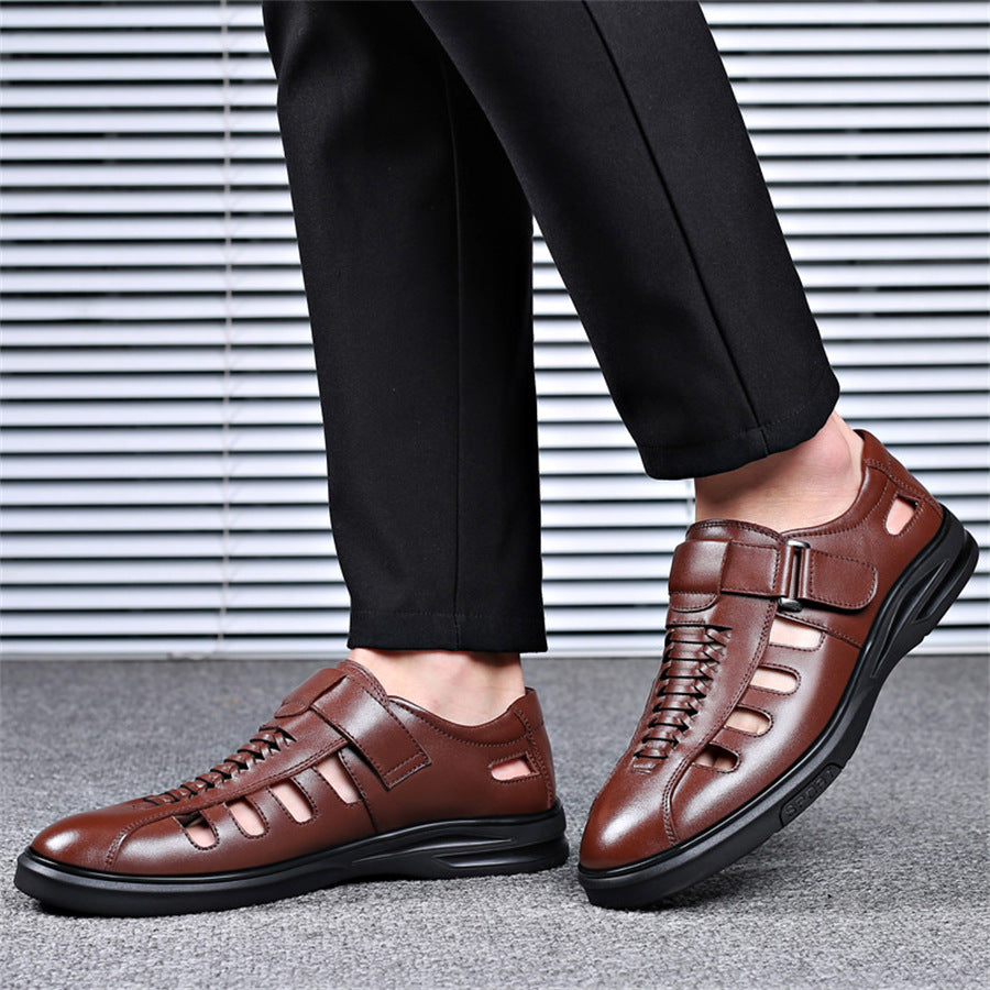 Men's Leather Sandals with Woven Detailing and Adjustable Buckle Strap