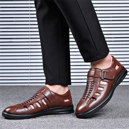 Men's Leather Sandals with Woven Detailing and Adjustable Buckle Strap
