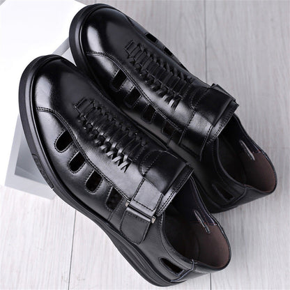 Men's Leather Sandals with Woven Detailing and Adjustable Buckle Strap
