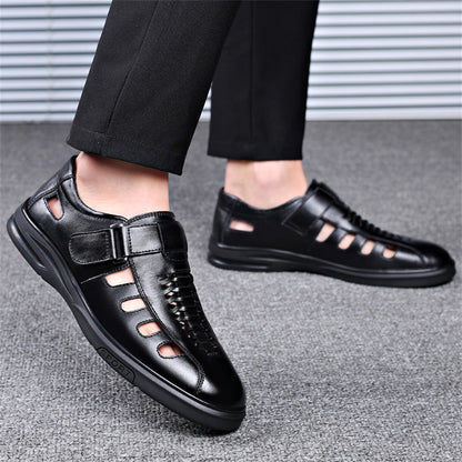 Men's Leather Sandals with Woven Detailing and Adjustable Buckle Strap